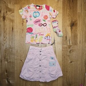 Oilily girl 128 7 8 cherry delicious t-shirt pink denim skirt socks lot set